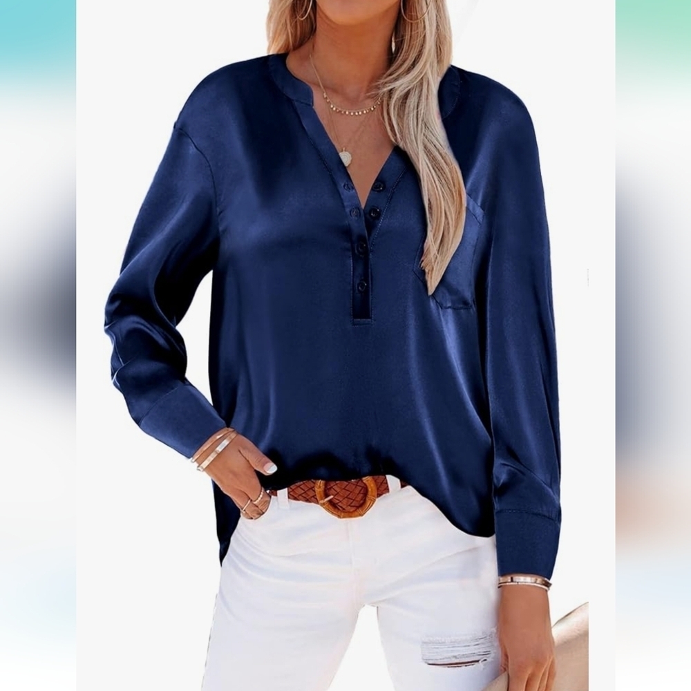 NWT Beyove Silky Satin Blouse Button Down Long Sleeve Shirts V Neck Size Small